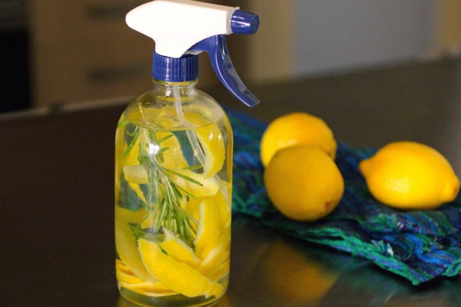 a spray bottle filled with natural cleaning solution, surrounded by fresh lemons, lavender, or other natural ingredients